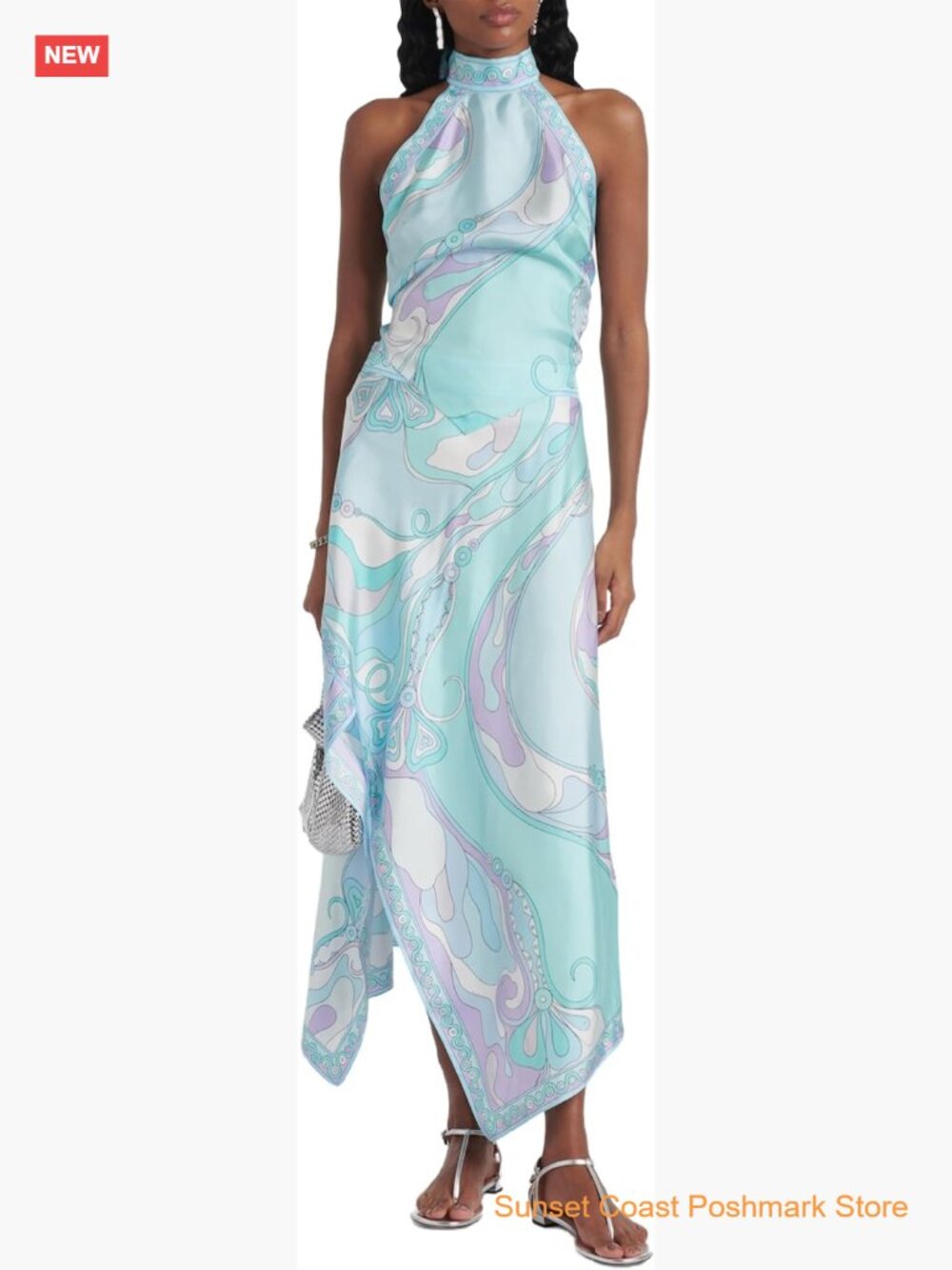 Sexy Two Piece Skirt Set Printed Satin Halter Tops Irregular Maxi Skirts